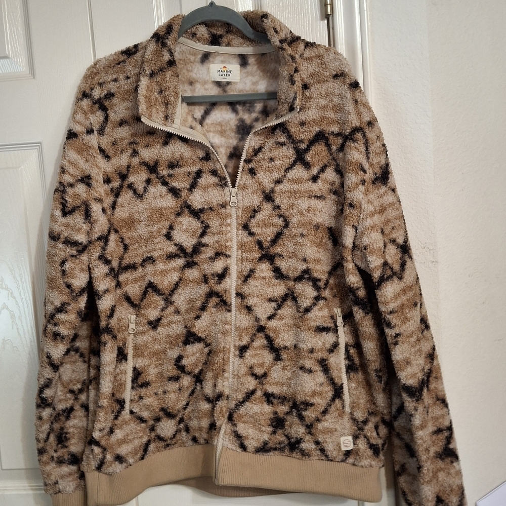 Marine Layer "Mason" Pattern High Pile Fleece Tan Geo Zip-Up Jacket Mens Large - Picture 5 of 13